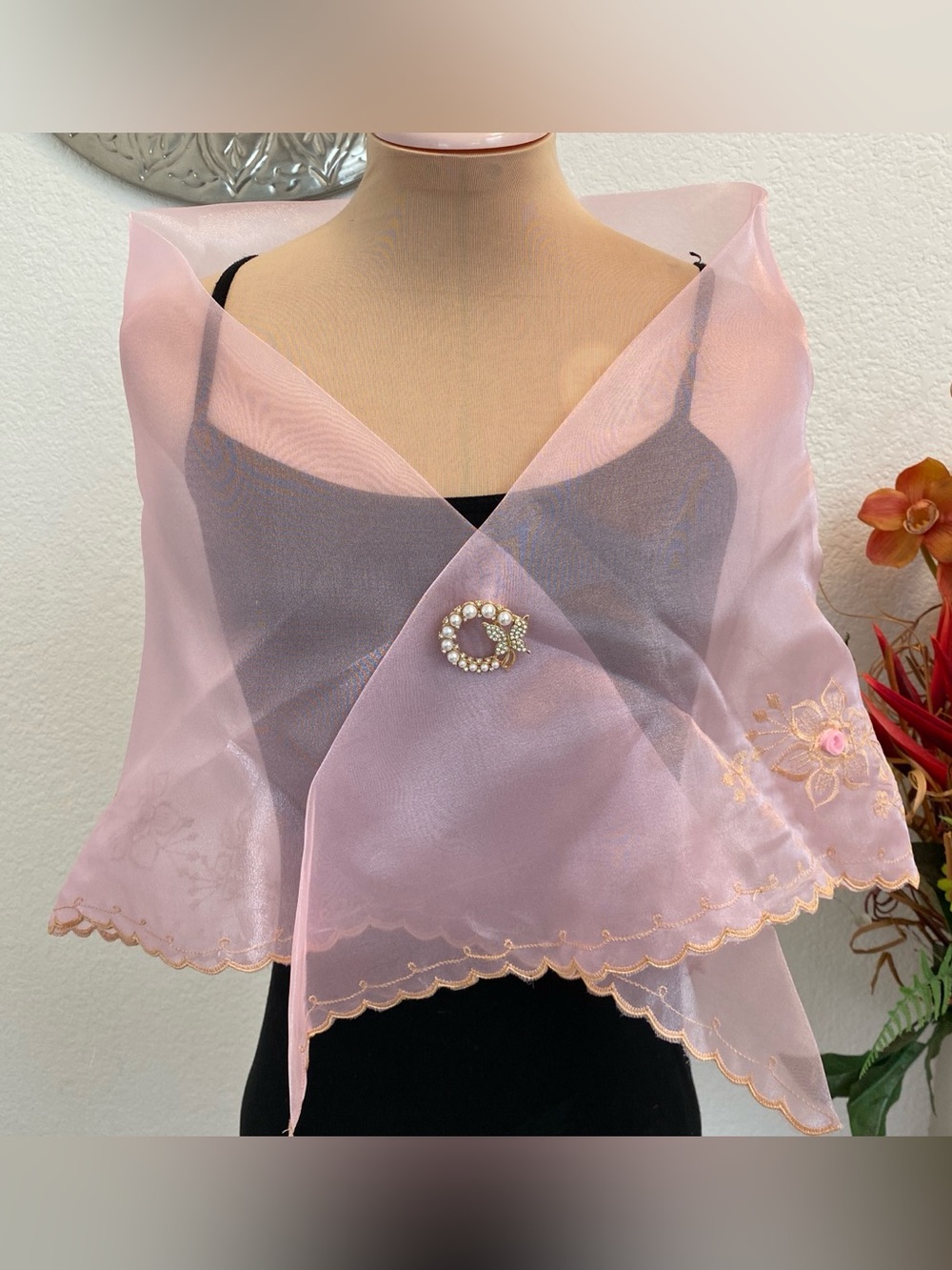 Elegant Pink Sheer Organza Scarf with Embroidered Edge